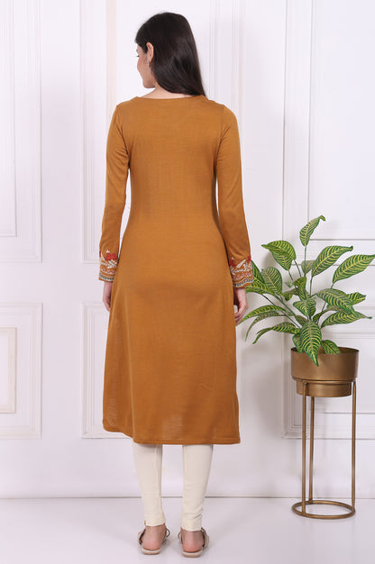 Mustard Solid Embroidered Acrylic Straight Kurta