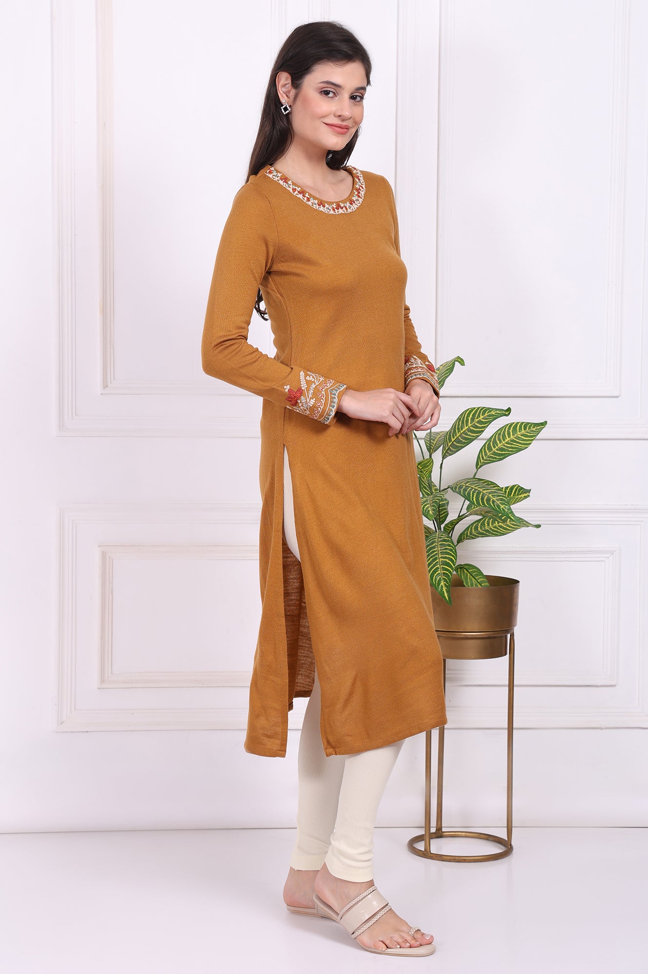 Mustard Solid Embroidered Acrylic Straight Kurta