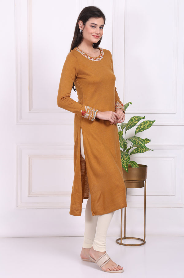 Mustard Solid Embroidered Acrylic Straight Kurta