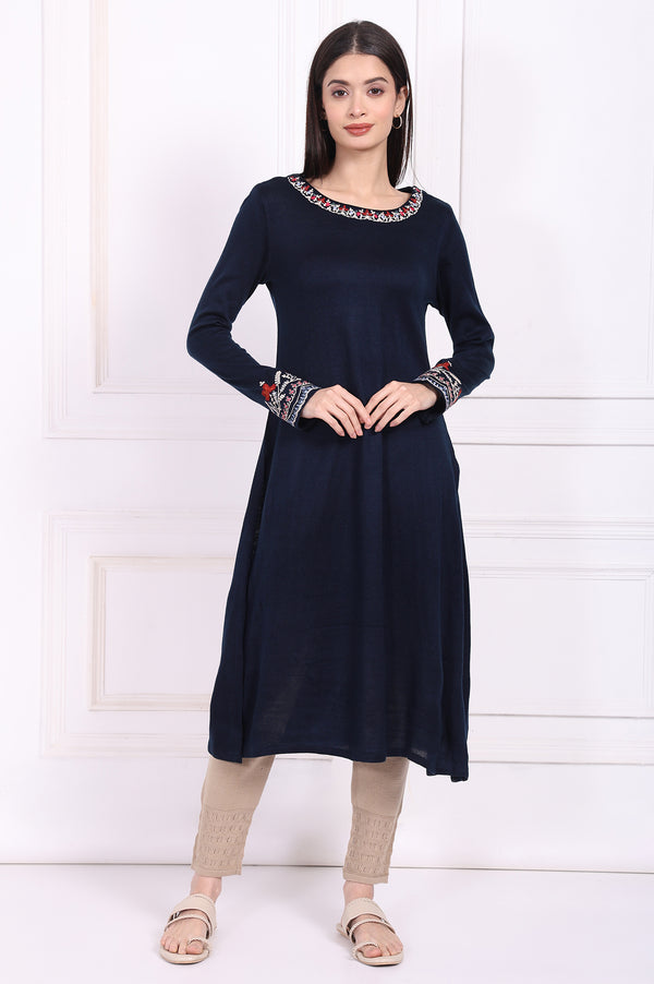 Navy Blue Embroidered A-Line Acrylic Winter Kurta