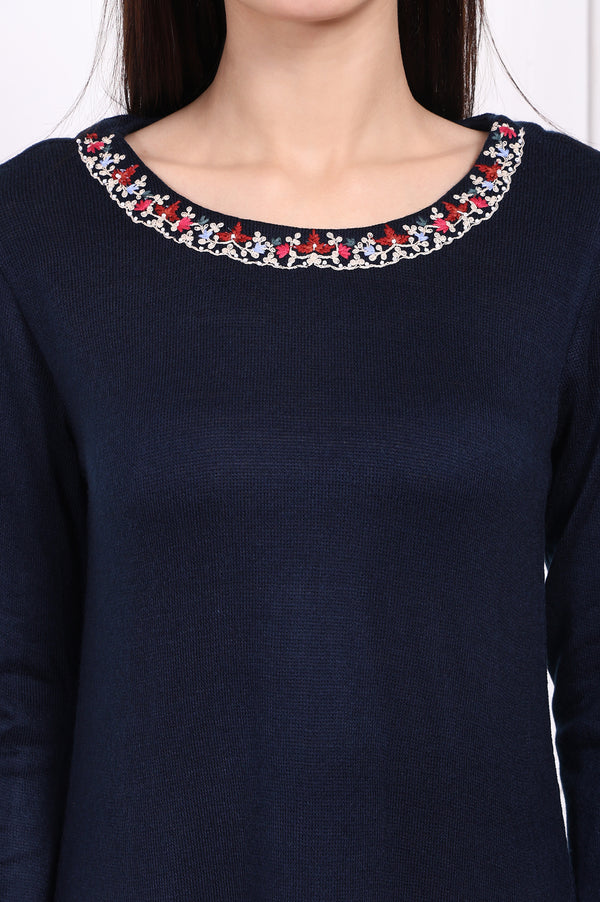 Navy Blue Embroidered A-Line Acrylic Winter Kurta