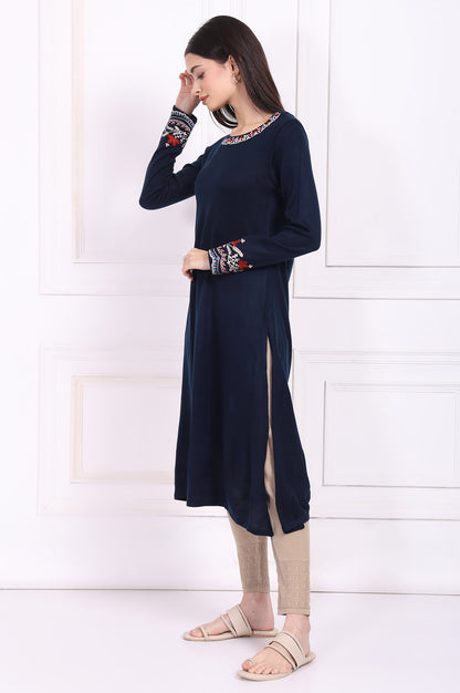 Navy Blue Embroidered A-Line Acrylic Winter Kurta