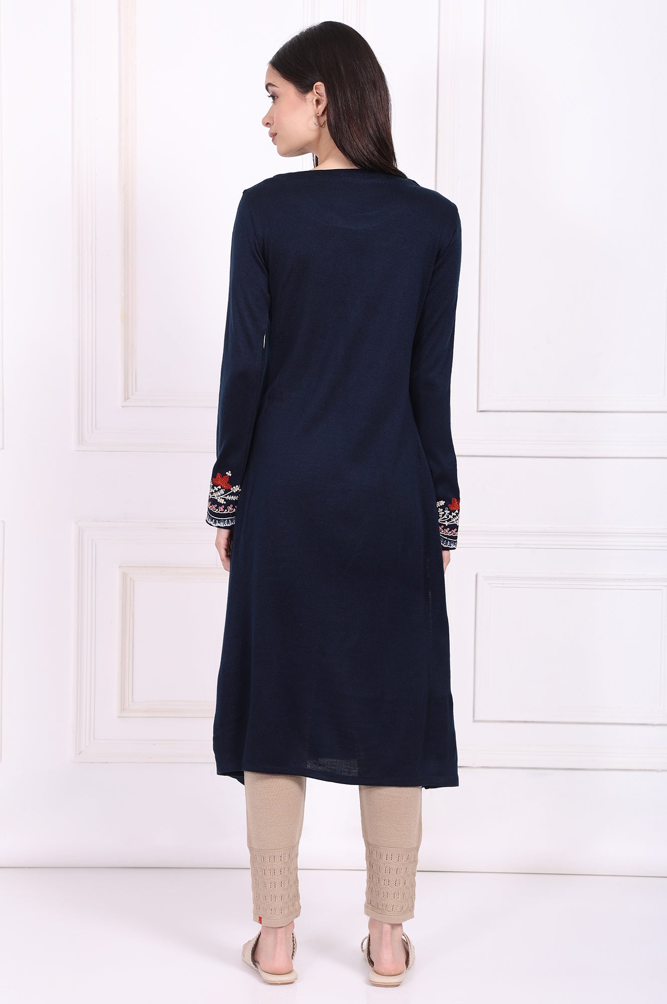 Navy Blue Embroidered A-Line Acrylic Winter Kurta