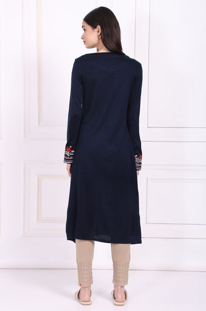 Navy Blue Embroidered A-Line Acrylic Winter Kurta