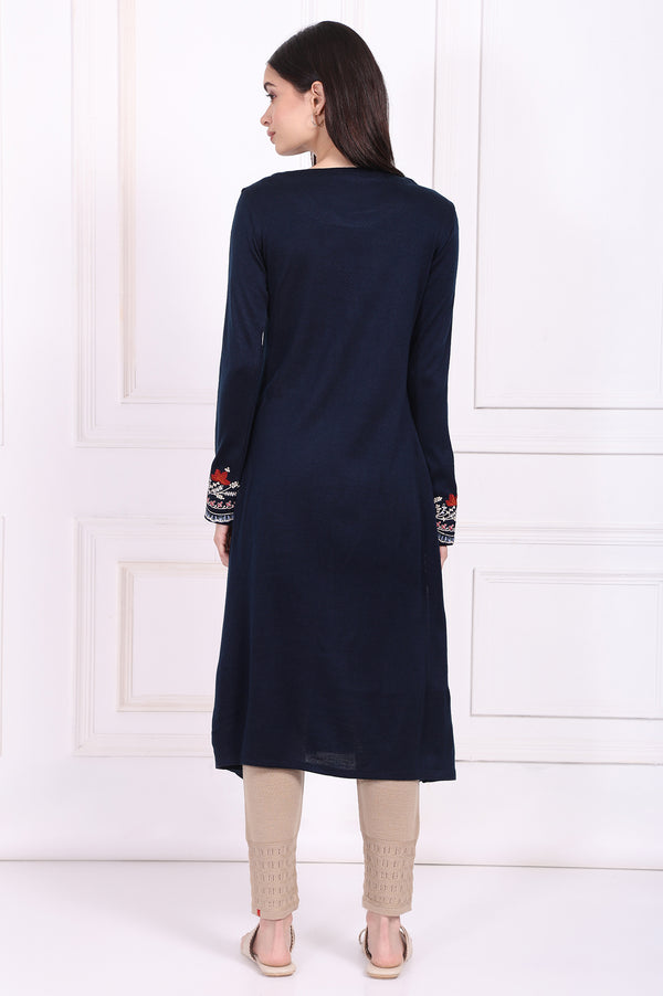 Navy Blue Embroidered A-Line Acrylic Winter Kurta
