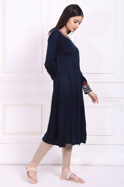 Navy Blue Embroidered A-Line Acrylic Winter Kurta