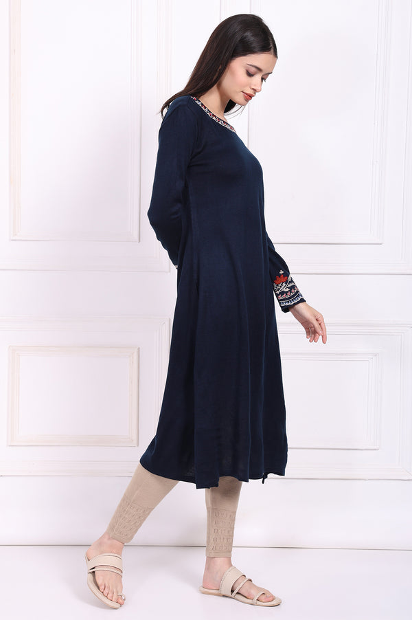 Navy Blue Embroidered A-Line Acrylic Winter Kurta