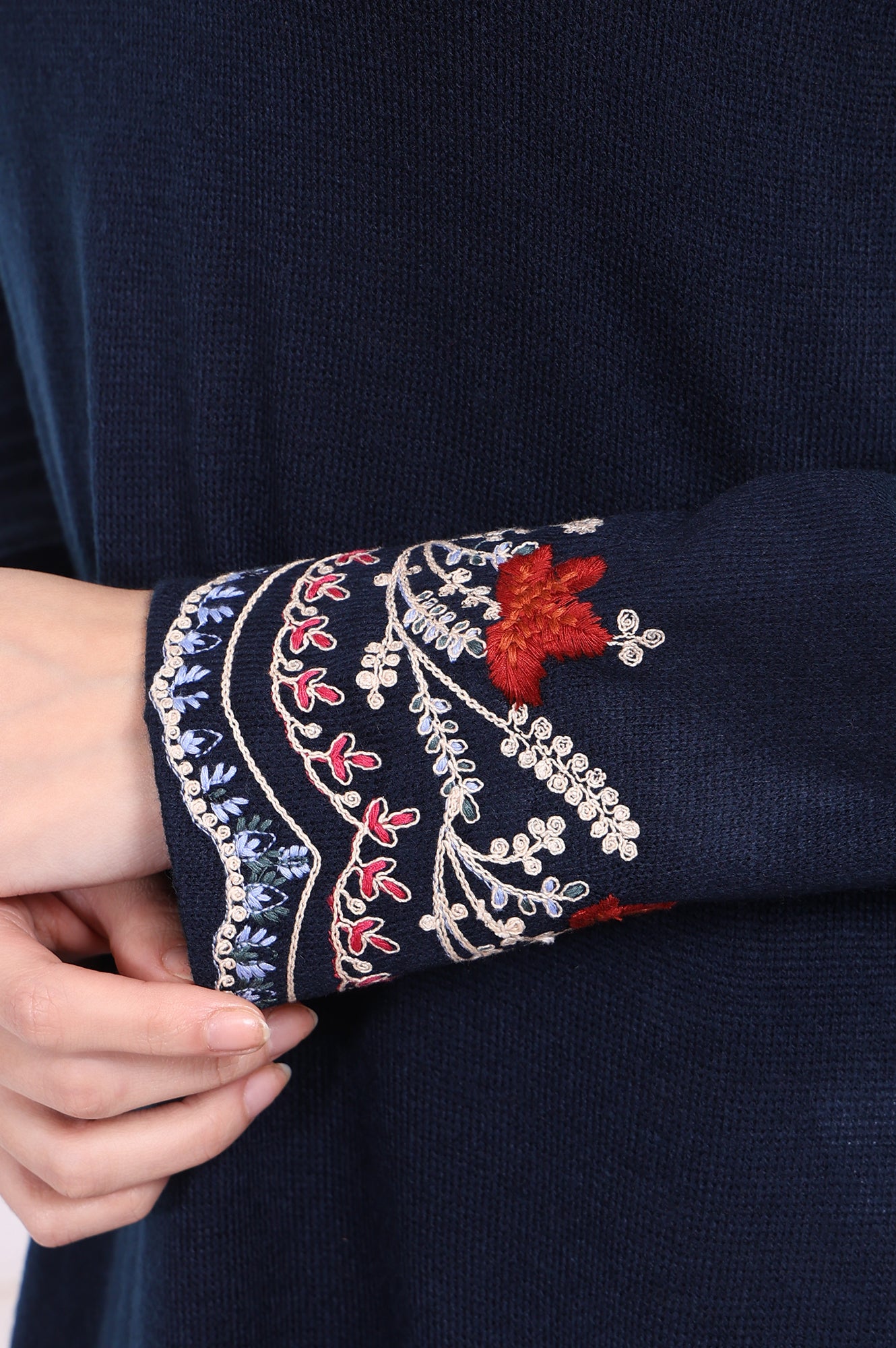 Navy Blue Embroidered A-Line Acrylic Winter Kurta