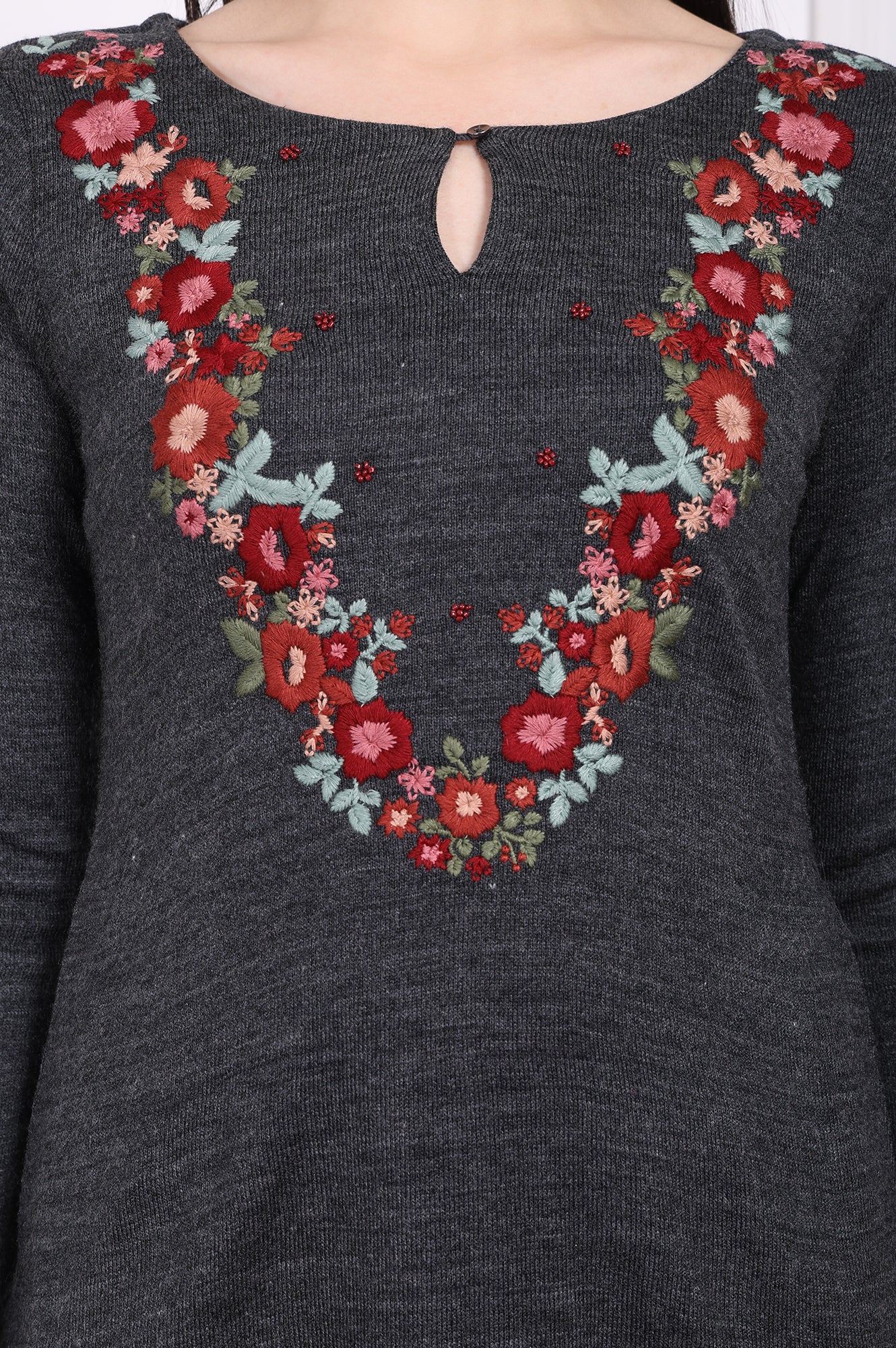 Grey Embroidered A-Line Acrylic Winter Kurta