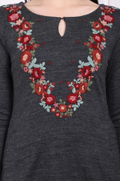 Grey Embroidered A-Line Acrylic Winter Kurta