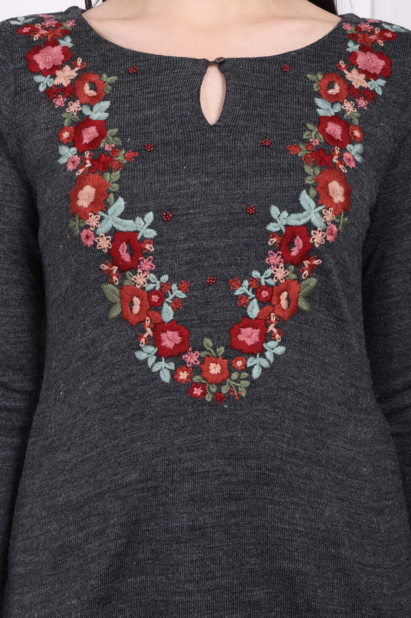 Grey Embroidered A-Line Acrylic Winter Kurta