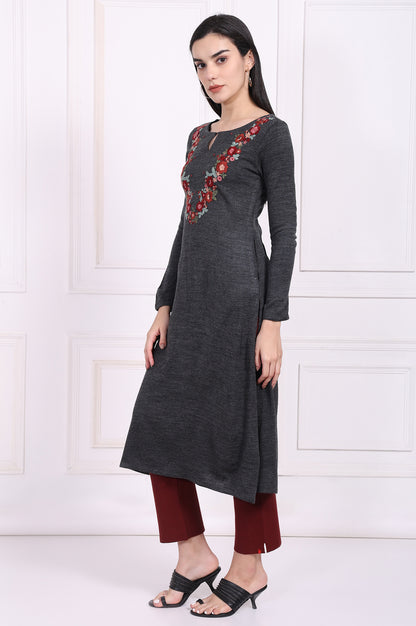 Grey Embroidered A-Line Acrylic Winter Kurta