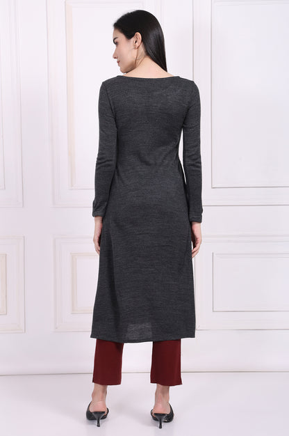Grey Embroidered A-Line Acrylic Winter Kurta
