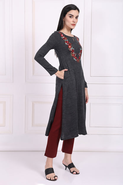 Grey Embroidered A-Line Acrylic Winter Kurta