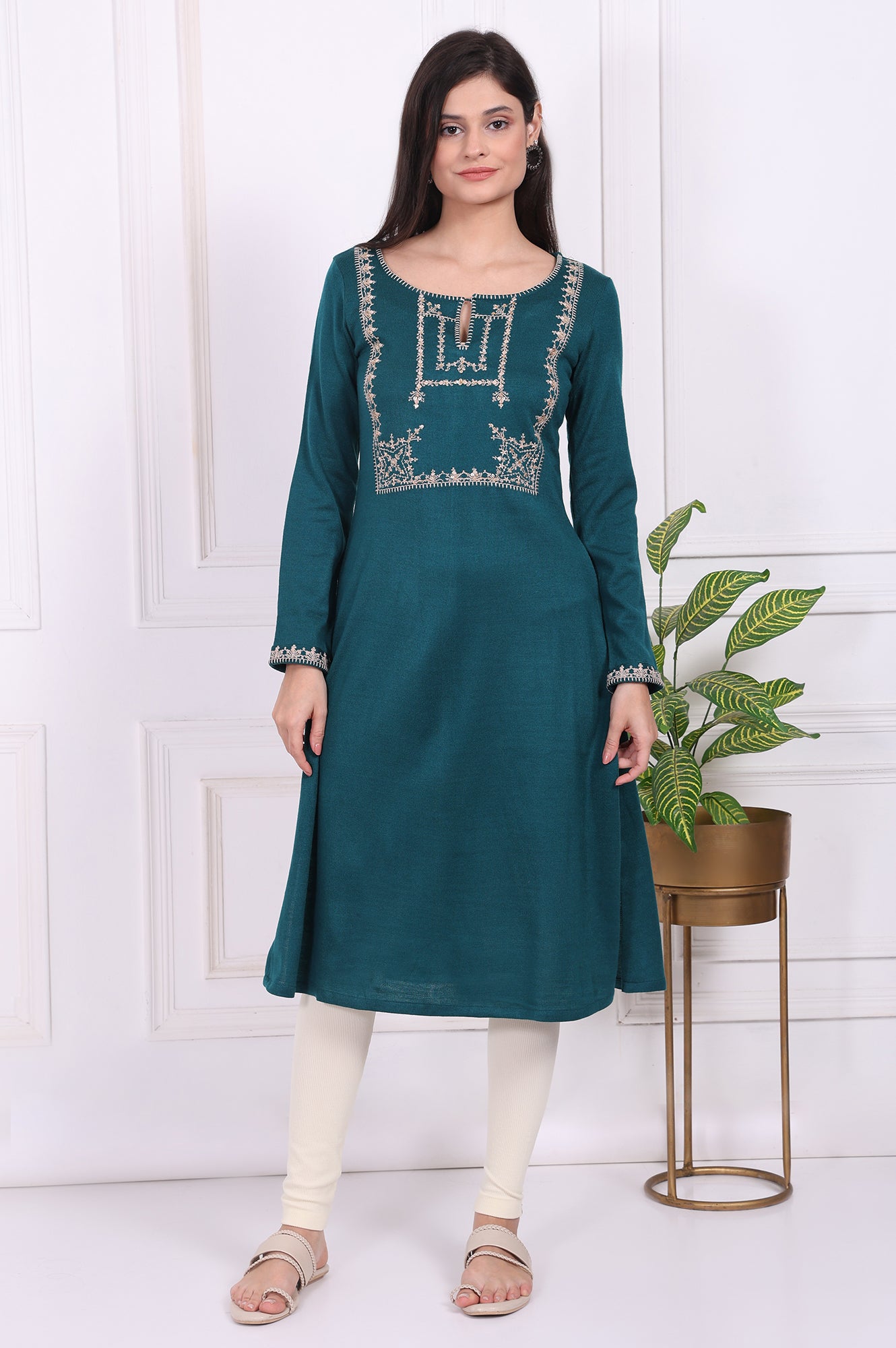 Teal Embroidered Acrylic Straight Kurta