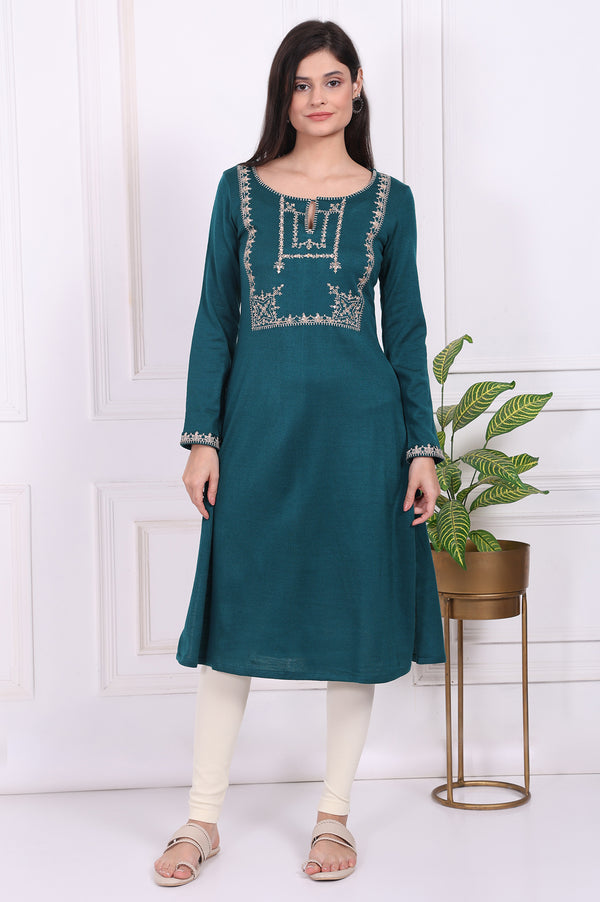 Teal Embroidered Acrylic Straight Kurta