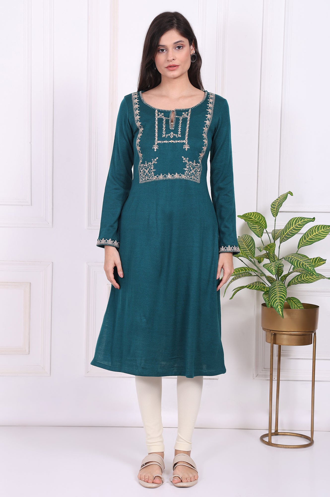 Teal Embroidered Acrylic Straight Kurta