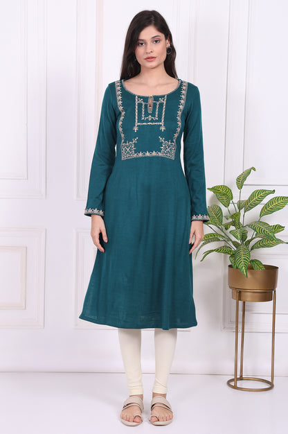 Teal Embroidered Acrylic Straight Kurta