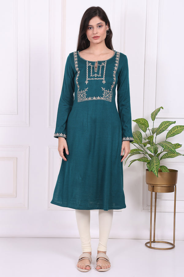 Teal Embroidered Acrylic Straight Kurta