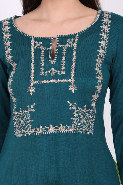 Teal Embroidered Acrylic Straight Kurta