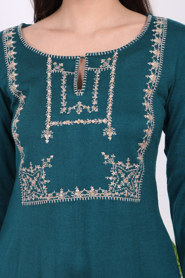 Teal Embroidered Acrylic Straight Kurta