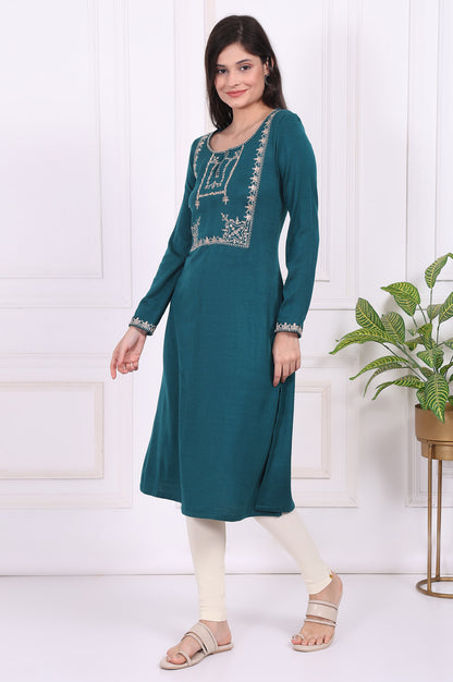 Teal Embroidered Acrylic Straight Kurta