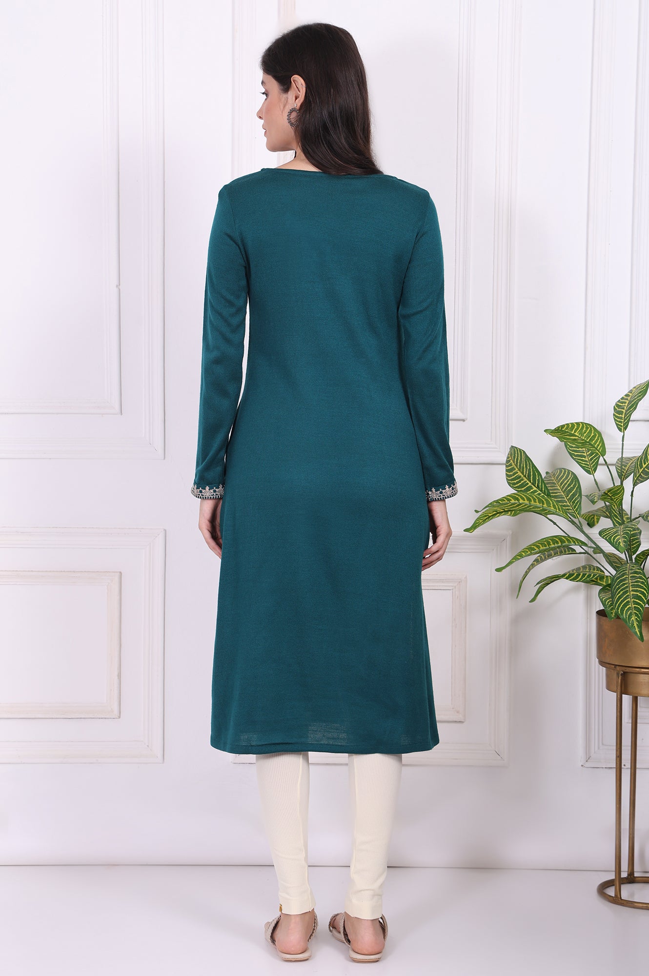 Teal Embroidered Acrylic Straight Kurta