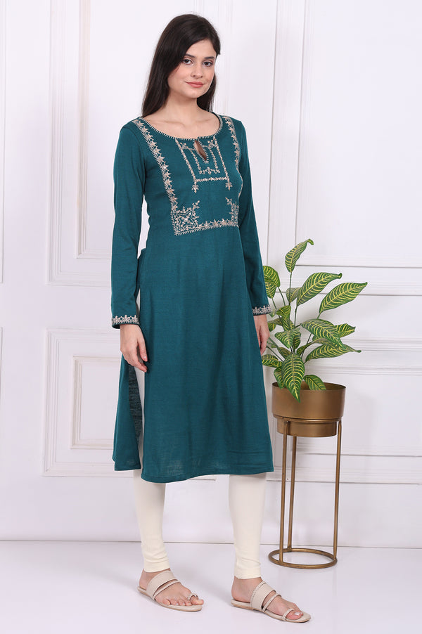 Teal Embroidered Acrylic Straight Kurta