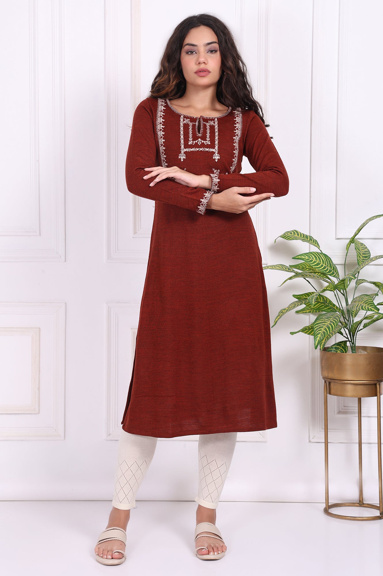 Rust Embroidered Straight Acrylic Kurta