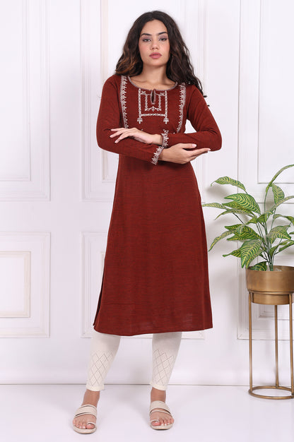 Rust Embroidered Straight Acrylic Kurta