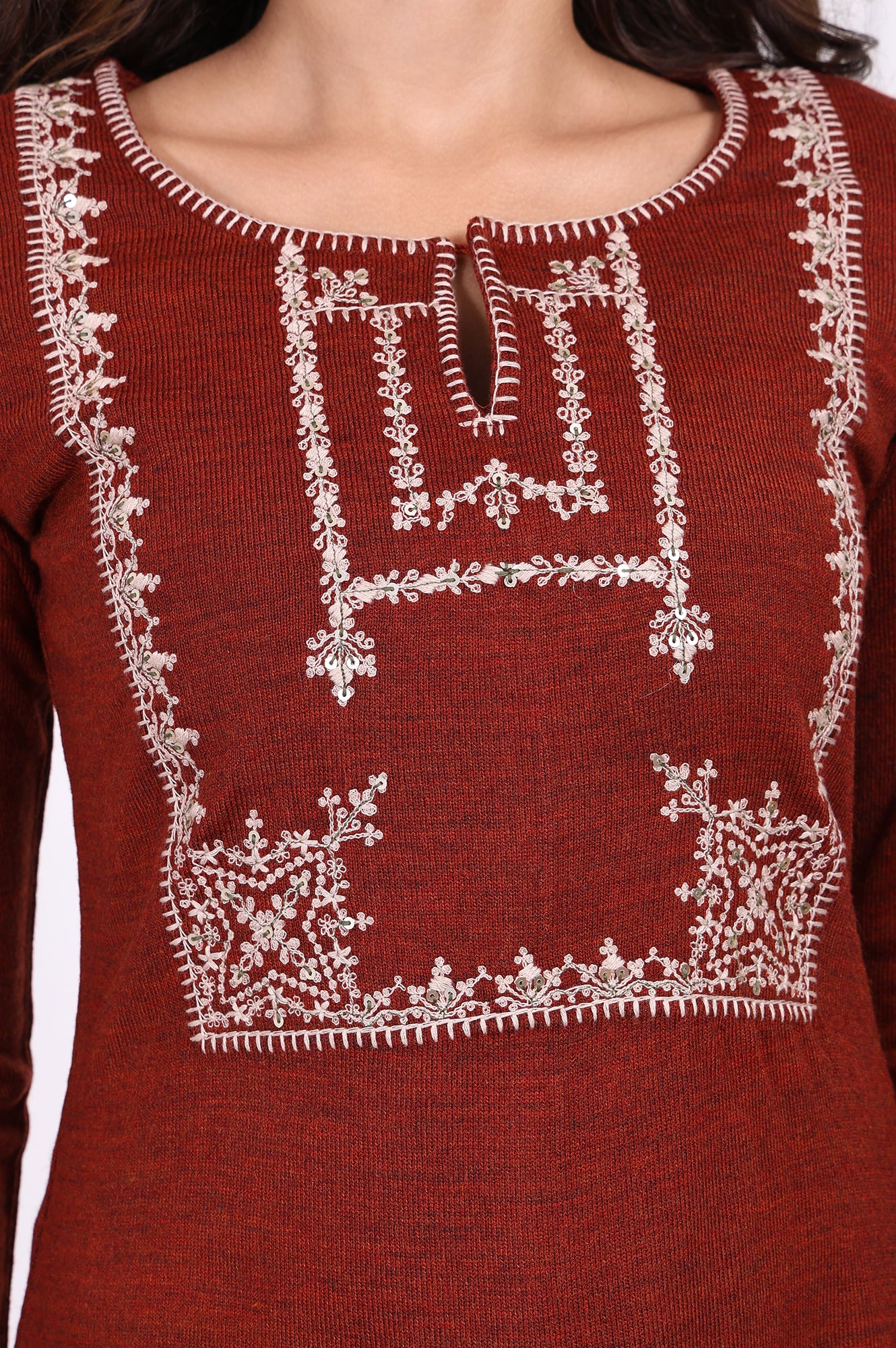 Rust Embroidered Straight Acrylic Kurta