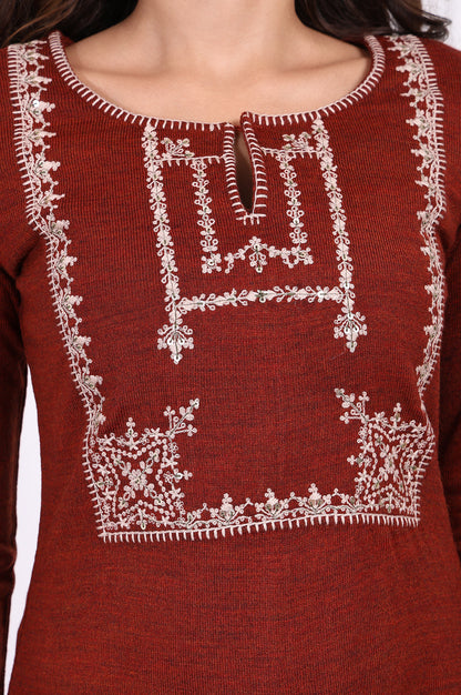 Rust Embroidered Straight Acrylic Kurta