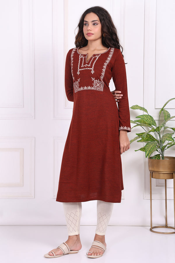 Rust Embroidered Straight Acrylic Kurta