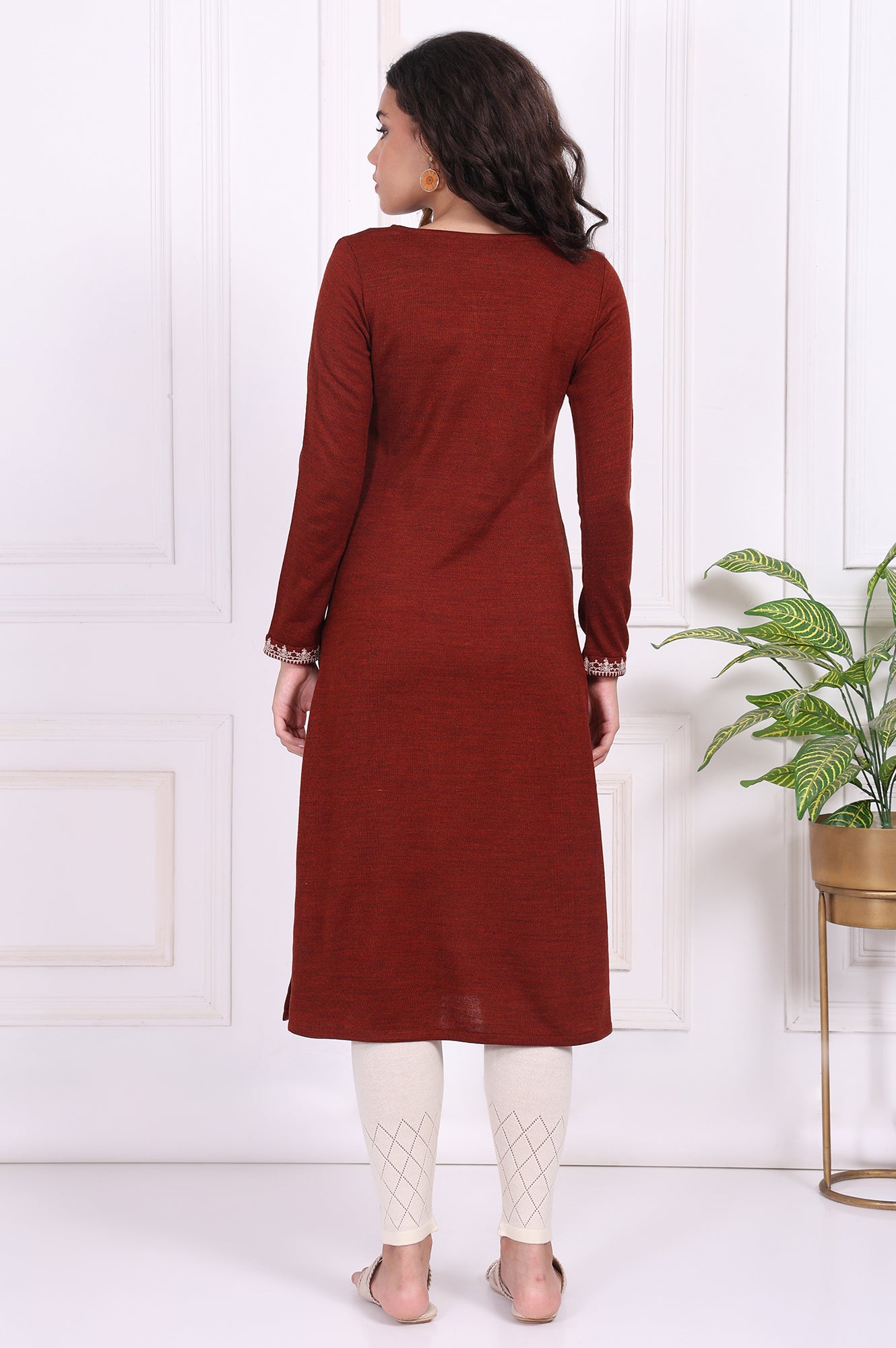 Rust Embroidered Straight Acrylic Kurta