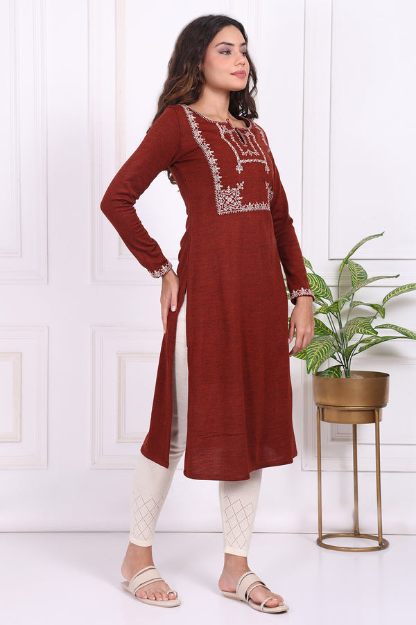 Rust Embroidered Straight Acrylic Kurta