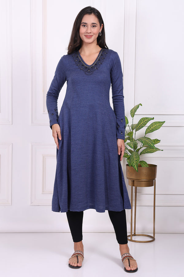 Blue Embroidered Acrylic Flared Kurta