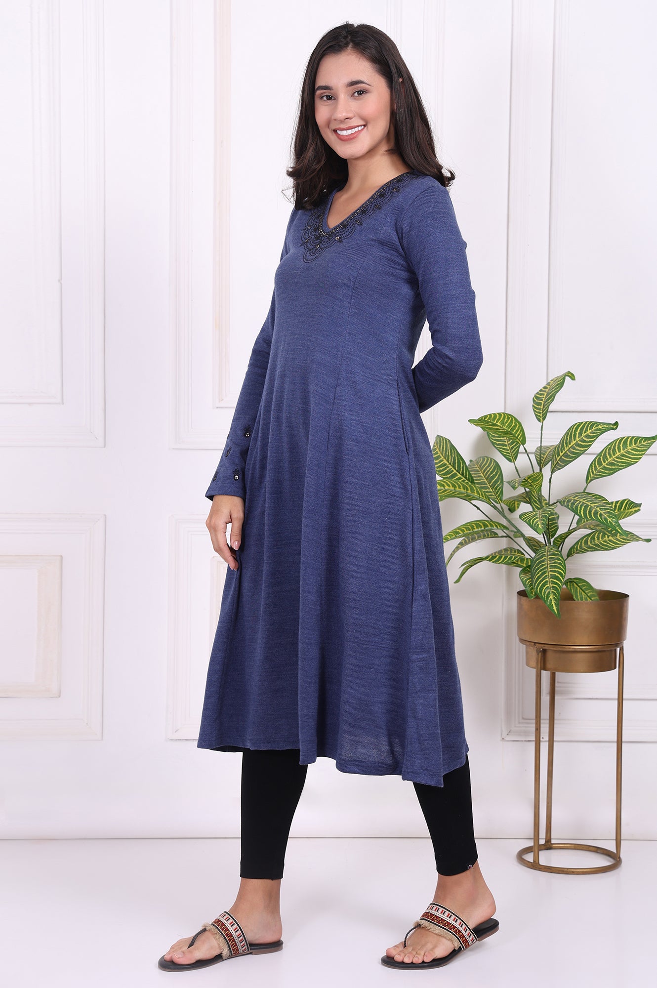 Blue Embroidered Acrylic Flared Kurta
