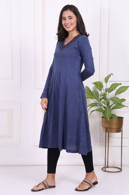 Blue Embroidered Acrylic Flared Kurta