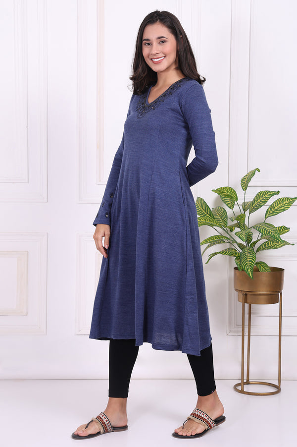 Blue Embroidered Acrylic Flared Kurta