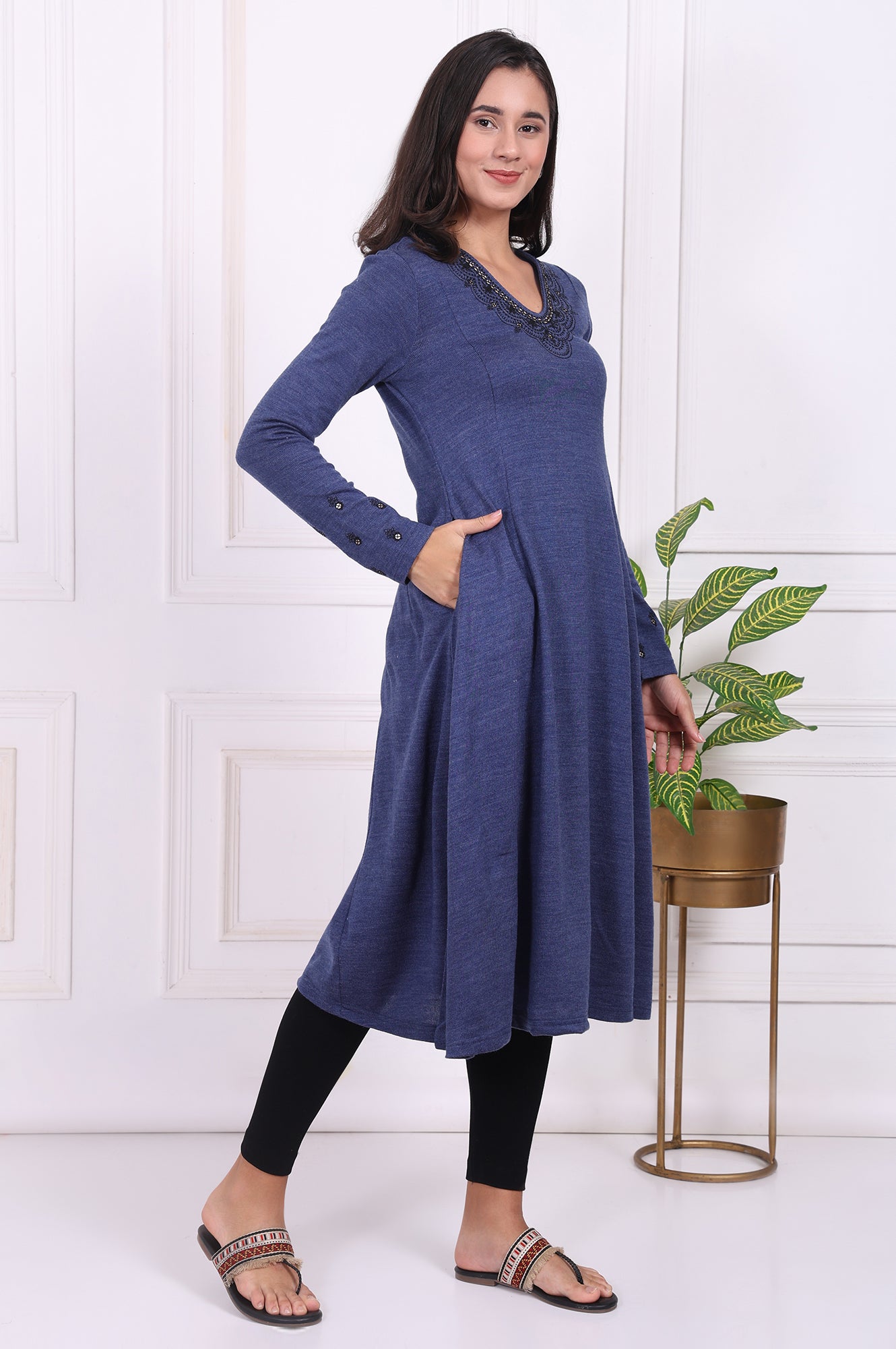 Blue Embroidered Acrylic Flared Kurta