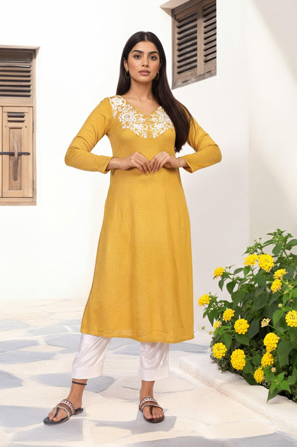 Mustard Embroidered A-Line Acrylic Winter Kurta