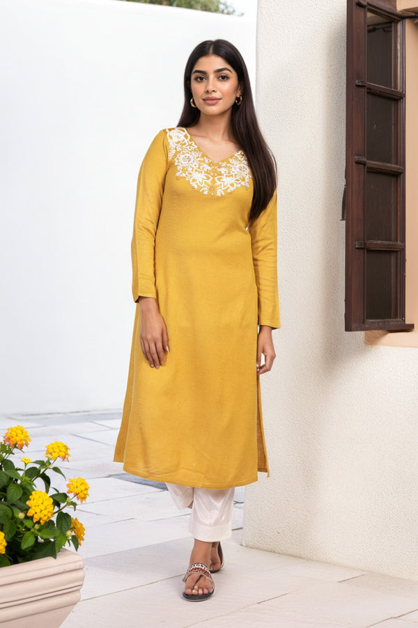 Mustard Embroidered A-Line Acrylic Winter Kurta