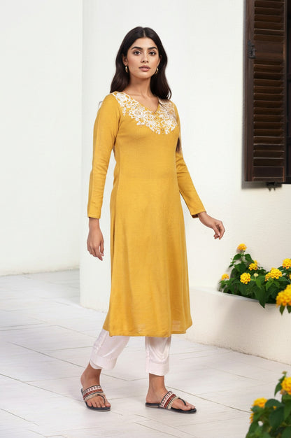 Mustard Embroidered A-Line Acrylic Winter Kurta