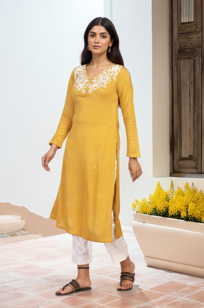 Mustard Embroidered A-Line Acrylic Winter Kurta