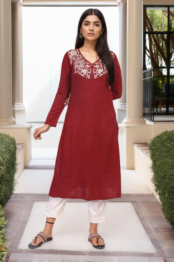 Maroon Embroidered A-Line Acrylic Winter Kurta