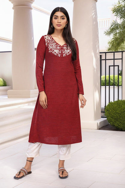 Maroon Embroidered A-Line Acrylic Winter Kurta