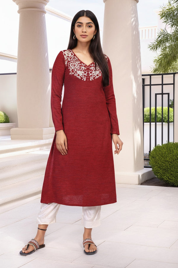 Maroon Embroidered A-Line Acrylic Winter Kurta