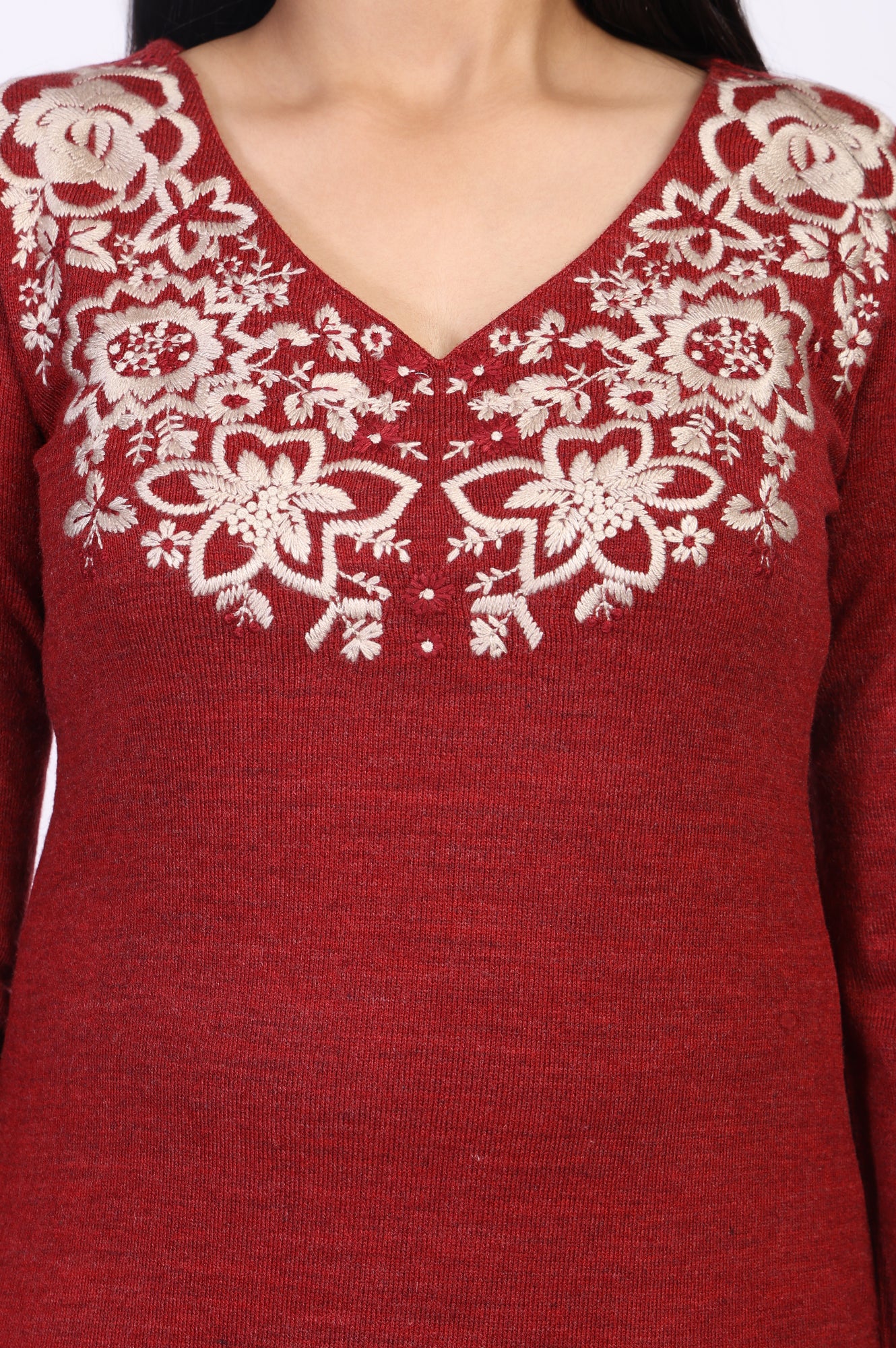 Maroon Embroidered A-Line Acrylic Winter Kurta