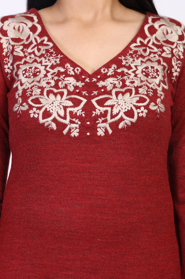 Maroon Embroidered A-Line Acrylic Winter Kurta