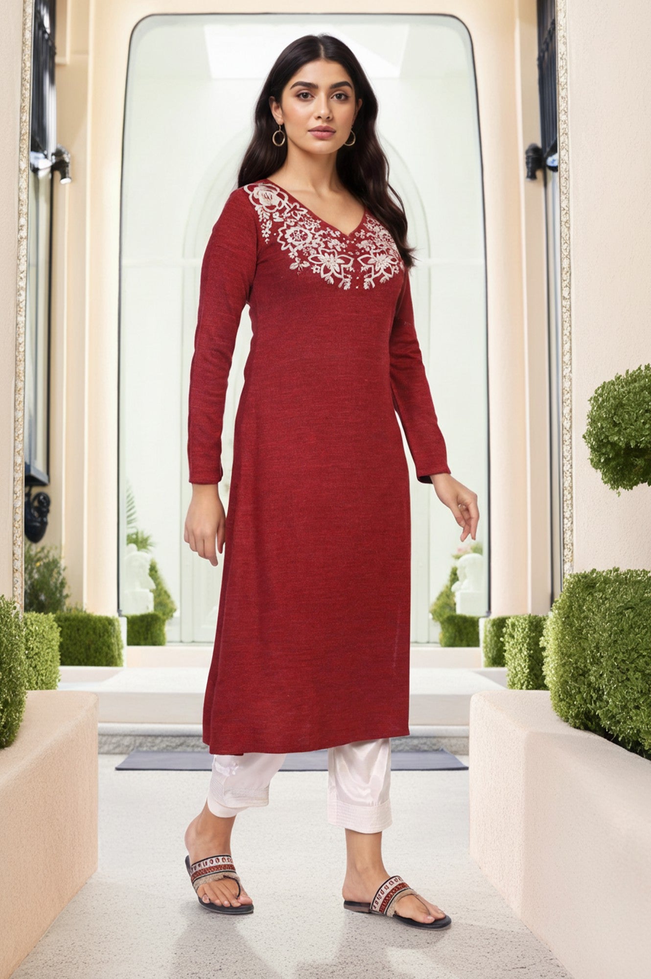 Maroon Embroidered A-Line Acrylic Winter Kurta